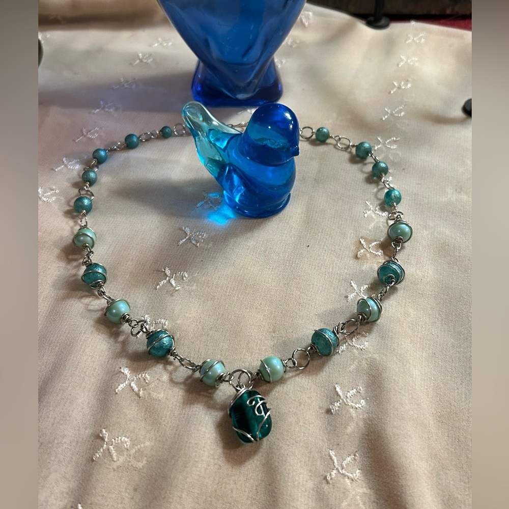 Icey Blue Spirals Wire Wrap Rosary Necklace